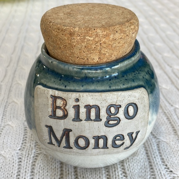 Bingo Money by Tumbleweed Pottery Handcrafted Blue & light tan glaze cork top - Picture 1 of 11